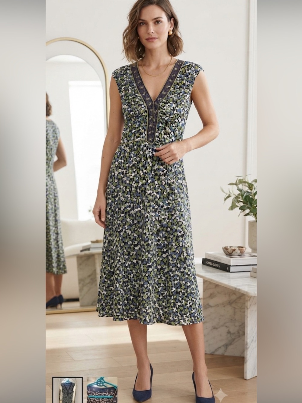 Max Edition Navy, Green and White Floral V-Neck Midi Dress
